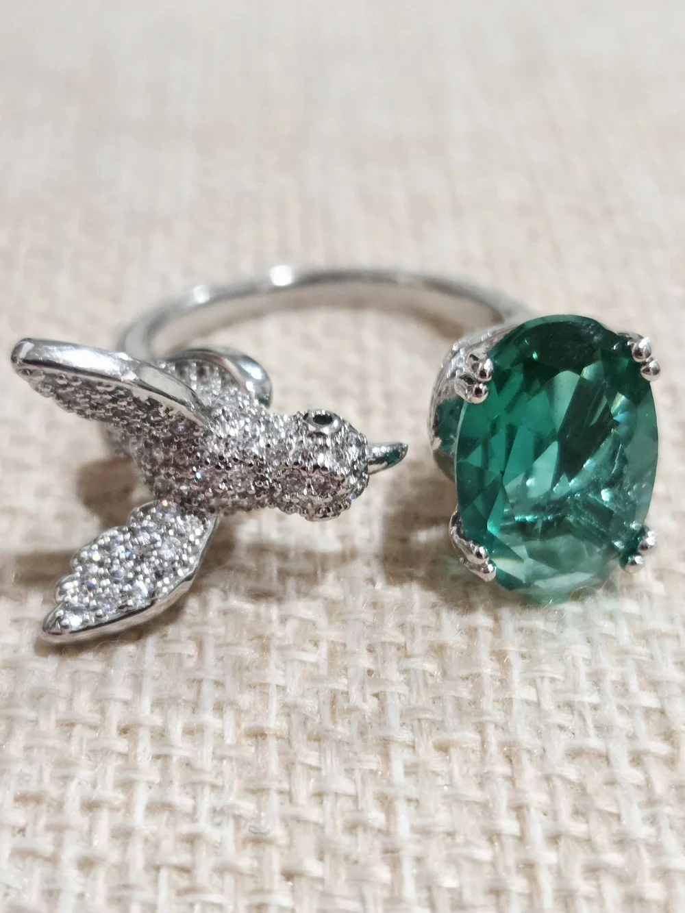 Hummingbird Ring with Green Gem Stone~ Adjustable
